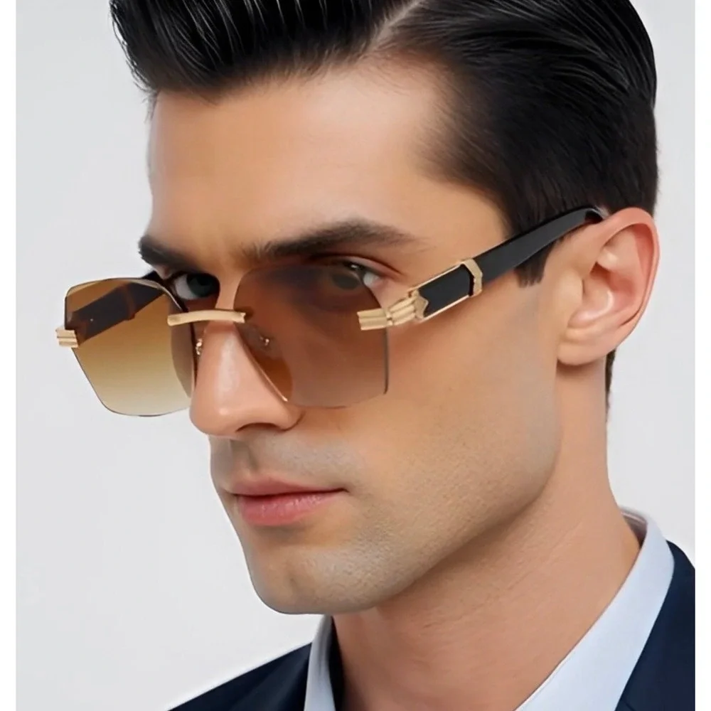 Rimless Sunglasses Men Fashion Shades‎ Wood Grain Frame Designer Eyewear Rapper